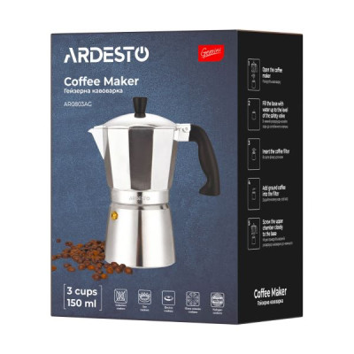 Гейзерная кофеварка на 3 чашки Ardesto Gemini Cremona 150 мл алюминий AR0803AG Гейзерная кофеварка на 3 чашки Ardesto Gemini Cremona 150 мл алюминий AR0803AG