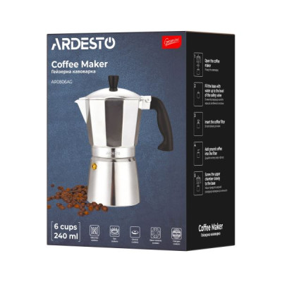 Гейзерная кофеварка на 6 чашек Ardesto Gemini Cremona 240 мл алюминий AR0806AG Гейзерная кофеварка на 6 чашек Ardesto Gemini Cremona 240 мл алюминий AR0806AG