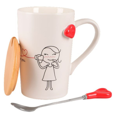 Кружка Led Love Is B 360 мл с бамбуковой крышкой и ложкой, фарфор (арт. B060493)