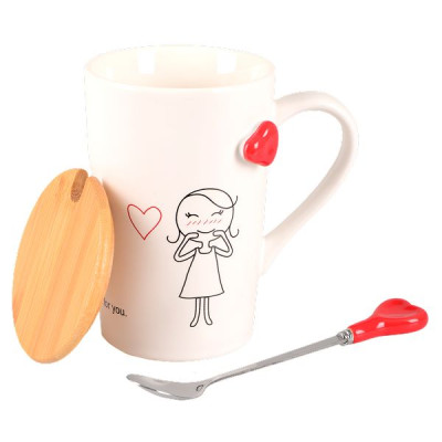 Кружка Led Love Is D 360 мл с бамбуковой крышкой и ложкой, фарфор (арт. B060498)