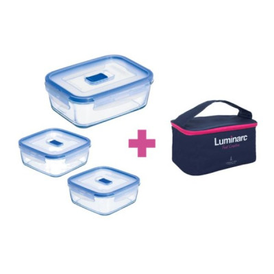 Набор емкостей для еды Luminarc Pure Box Active (2x380мл квадр. + 820мл прям.) 3 пр + сумка P8002