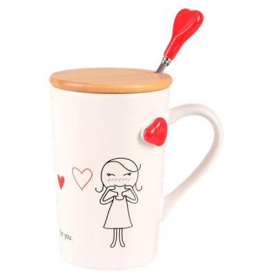 Кружка Led Love Is D 360 мл с бамбуковой крышкой и ложкой, фарфор (арт. B060498)